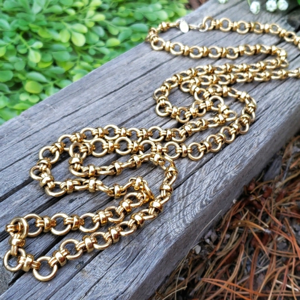 Vtg Chic Heavy Francesca Visconti Fancy Double Rolo GP Designer Chain Necklace